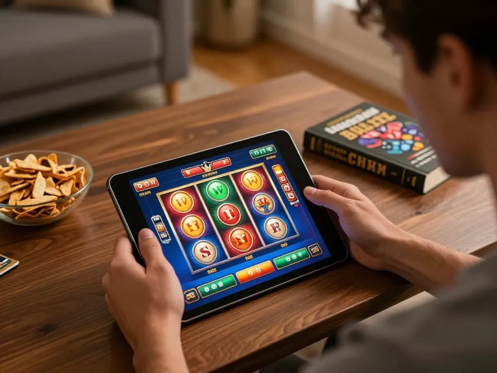 Player using a tablet for dw8 online gambling session at home, showcasing immersive game interface.