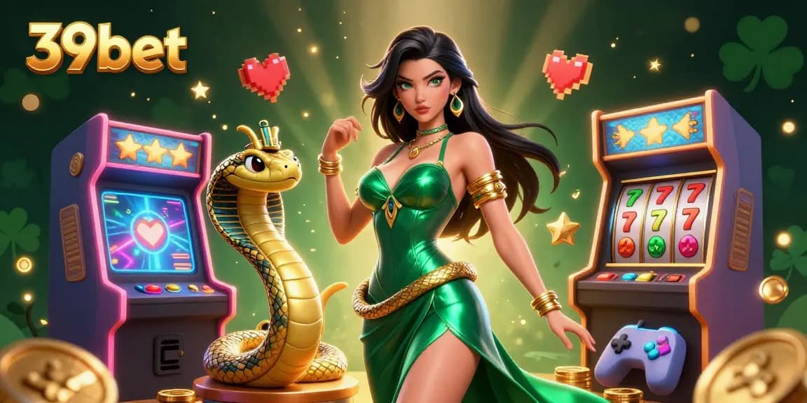 Engage in thrilling gameplay at 39bet, featuring a stunning woman in a shimmering gown and golden cobra.