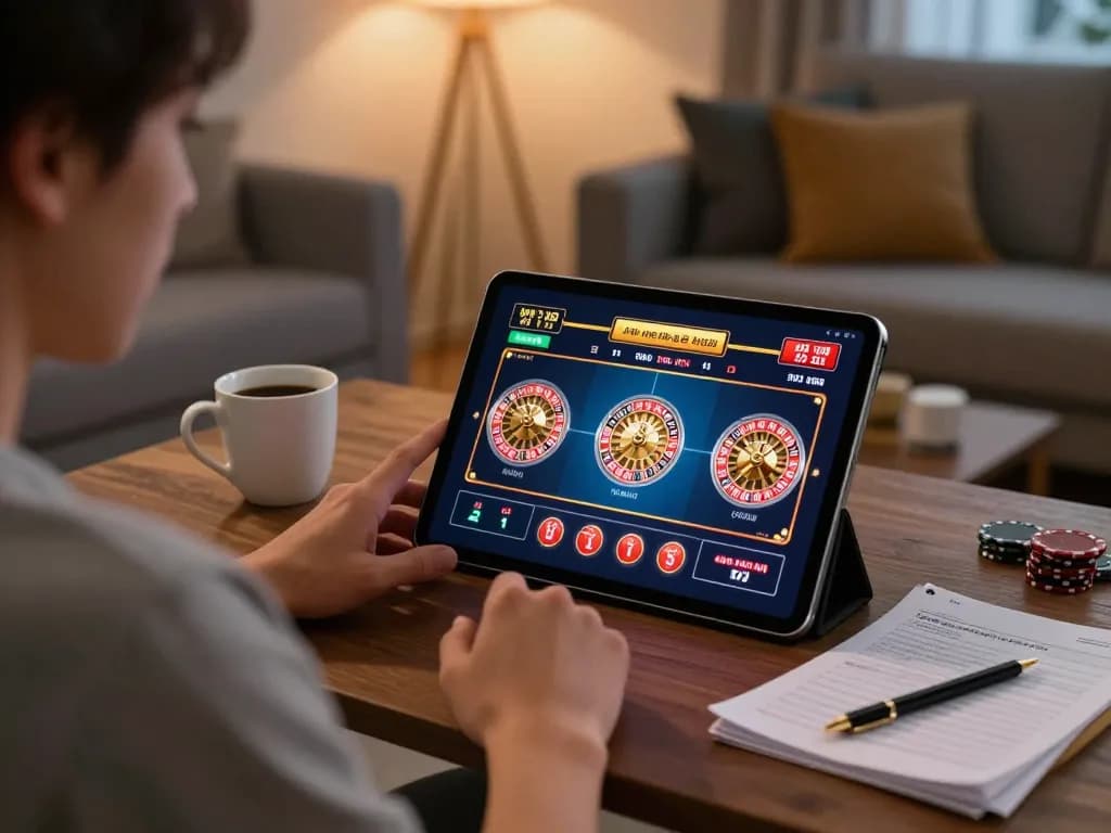 Engaging in online gaming on GG88 with a tablet, showcasing vibrant casino gameplay.