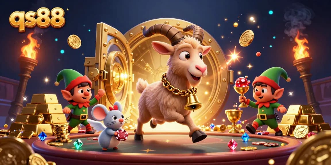 Experience the exciting thrills of qs88 with lively casino characters amidst gold treasures.