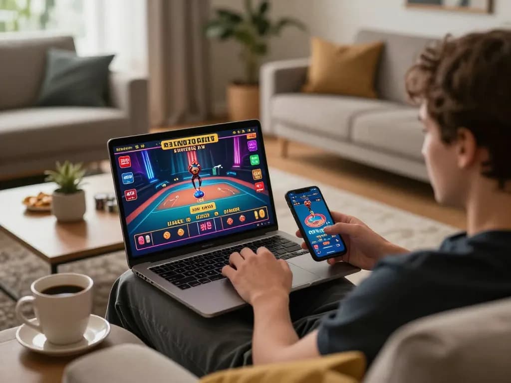 Person engaged in online gambling with soibet, showcasing a stylish home setup with laptop and smartphone