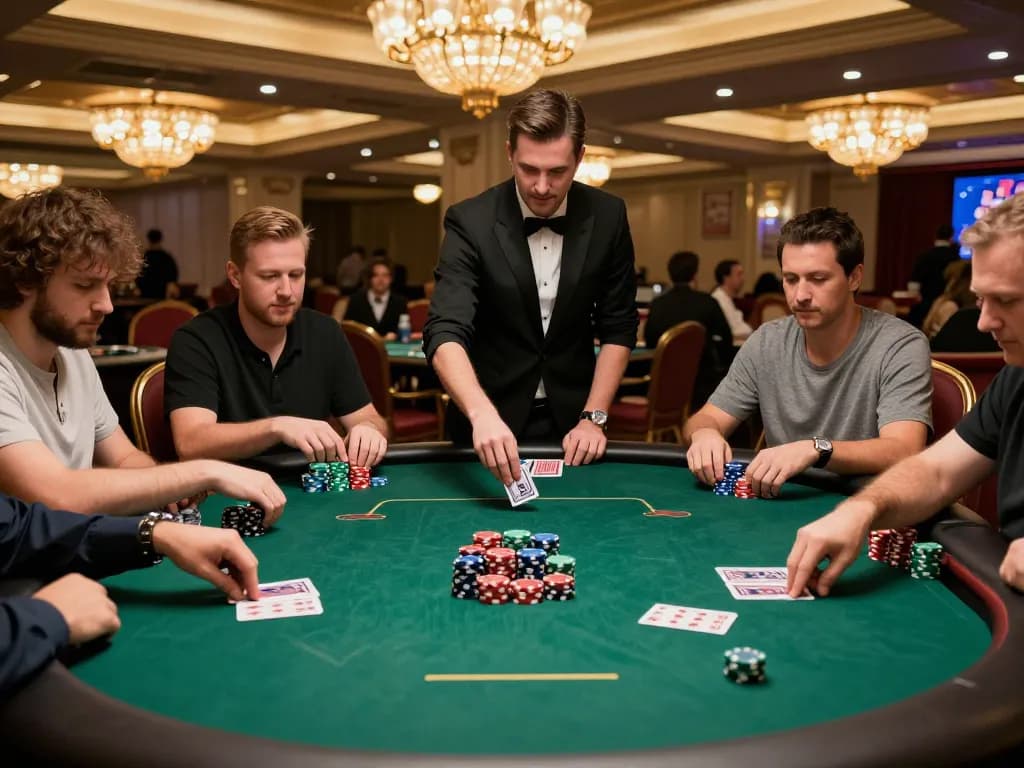 U88 players engaging in an intense poker game with colorful chips and strategic plays.