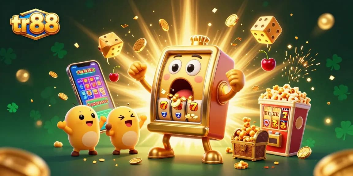 tr88's golden slot machine celebrating a jackpot with coins pouring out, capturing the excitement of online gaming.