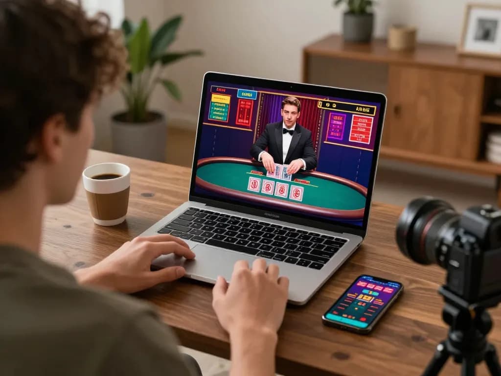 Engaging player enjoying live dealer game on laptop for 23win online casino gaming experience