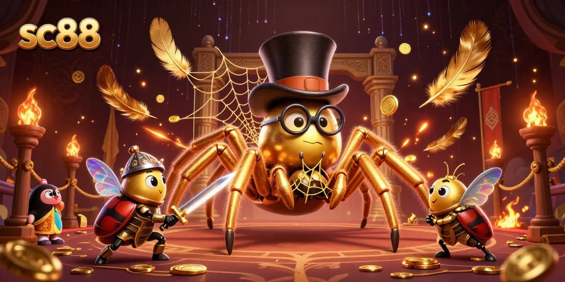 Spin the reels at sc88 with a captivating scene of a golden tarantula and beetle knight.