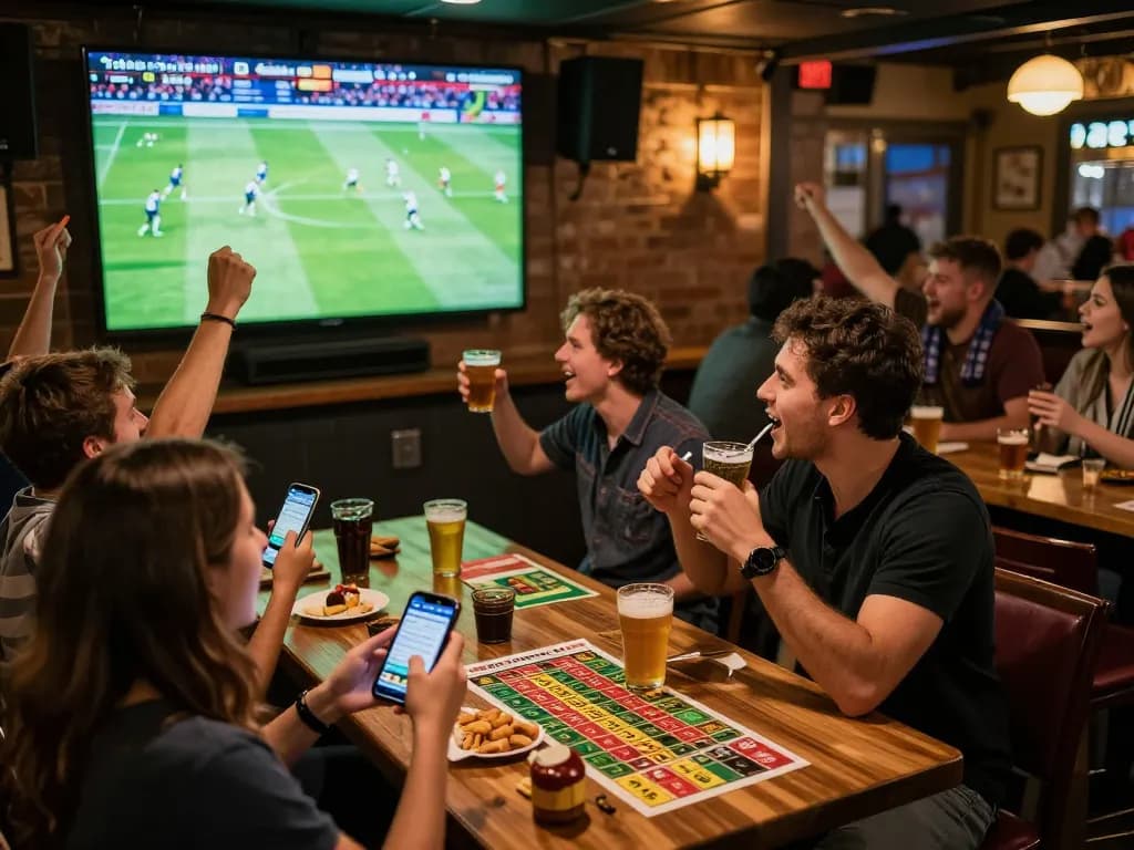 Tỷ lệ kèo nhà cái hôm nay showcased as fans cheer while placing live bets at a sports bar.