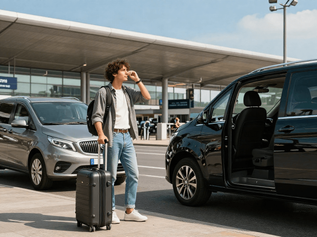 Flughafentransfer Frankfurt: Reisender mit Gepäck wartet auf luxuriösen Shuttle-Service am Flughafen.