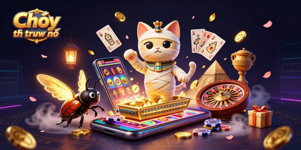Chơi có trách nhiệm showcased by a 3D Egyptian mummy cat and scarab beetle in a vibrant casino scene.