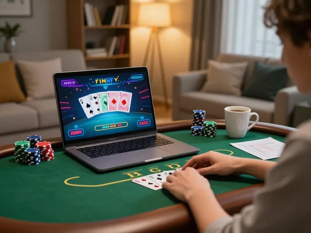 Player engaging in online poker at home, showcasing pfly88 gaming strategy with warm decor