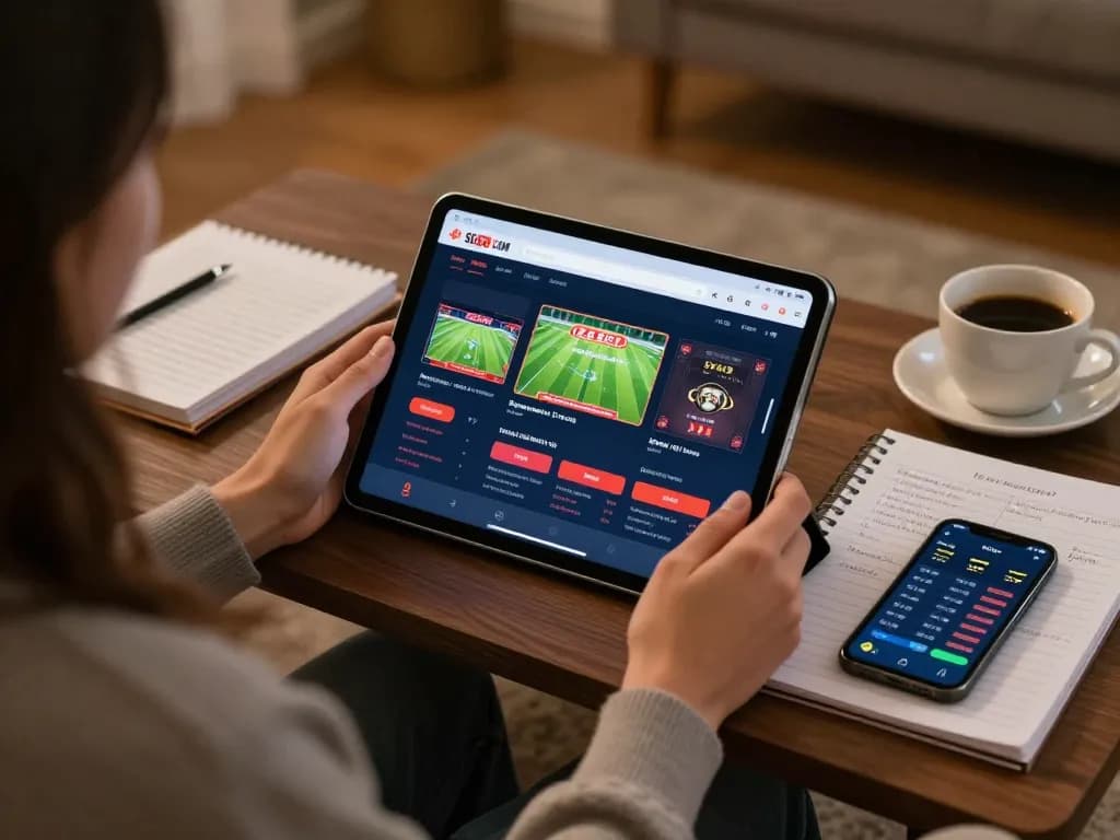Player engaging with SC88 COM's gambling app on tablet, showcasing strategic football betting