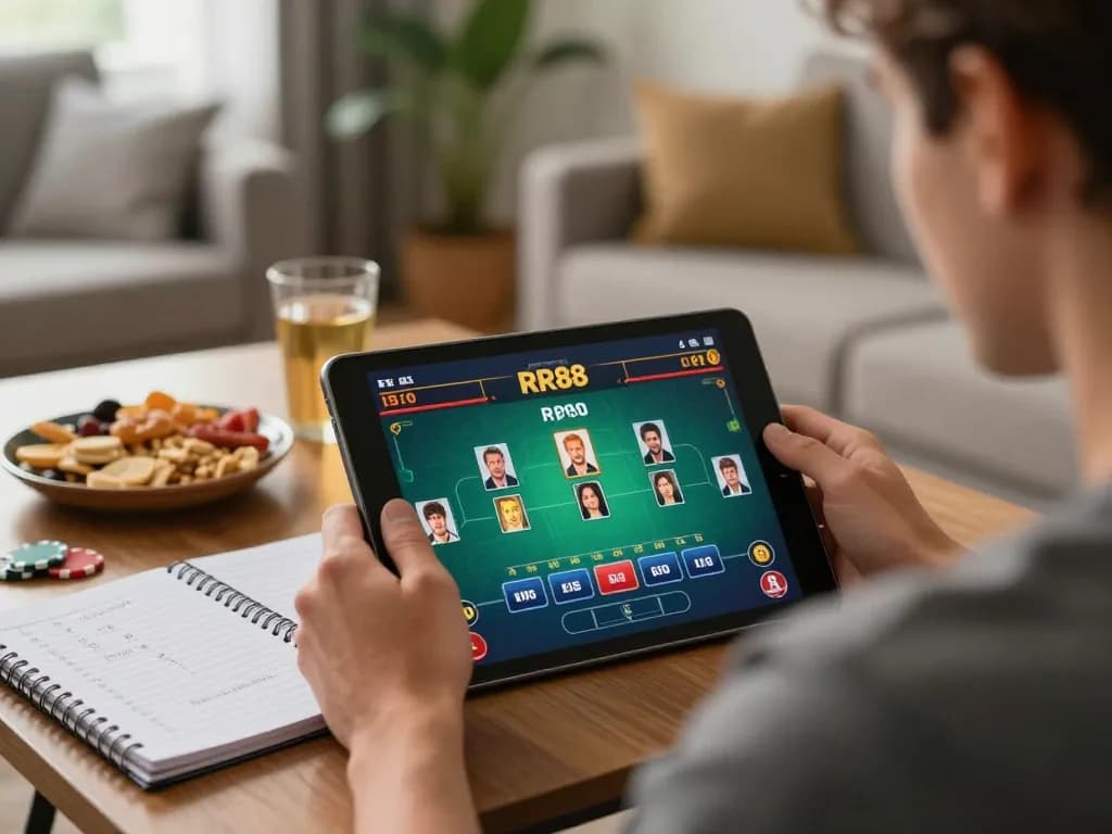 Player engaging with RR88 online casino on a tablet, surrounded by snacks in a cozy atmosphere.