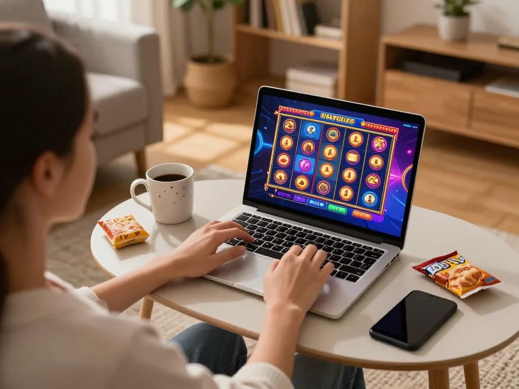 Engaging with go86vn online casino on a laptop showcasing vibrant slot game graphics.