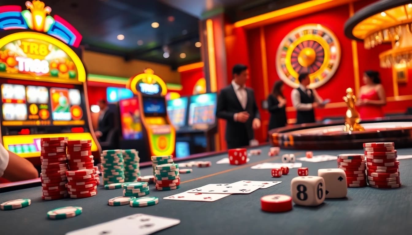 TR88 poker action at a vibrant casino table with chips and cards, showcasing excitement and strategy.