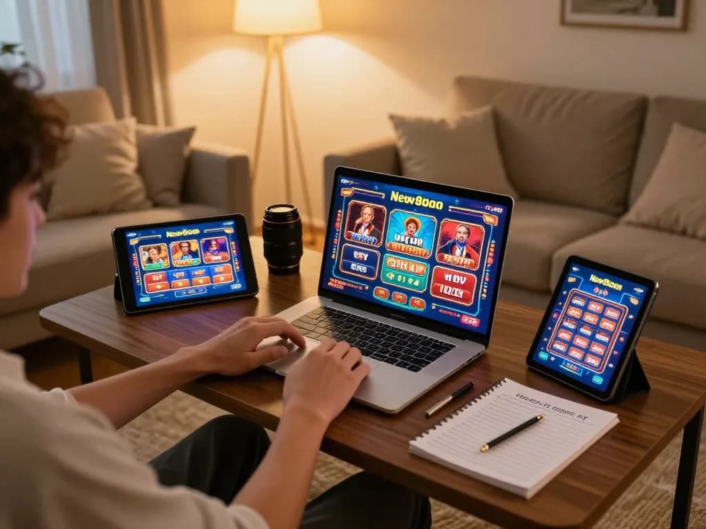 Player engaging with New88 com on a laptop, cozy home gaming setup with strategic notes evident