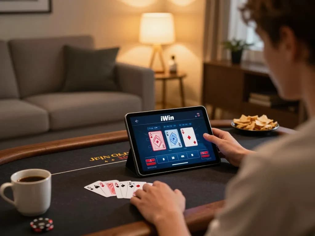 iWin player strategizing during an online poker game in a cozy home setting