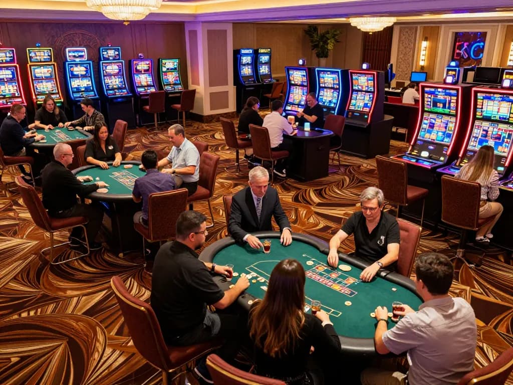 KJC casino floor with active players at poker tables and vibrant slot machines lighting up the scene.