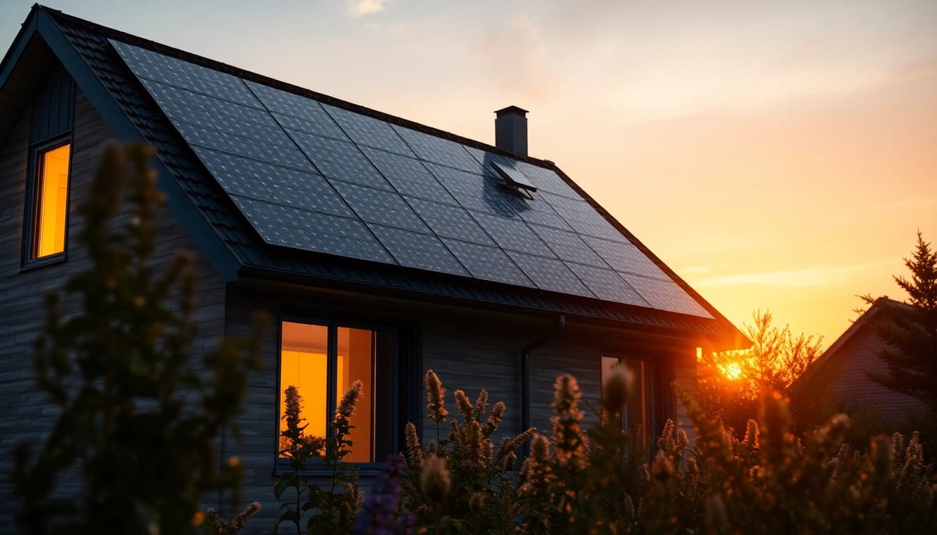 Vergleichen Sie die besten Optionen für eine Solarstromanlage, dargestellt durch ein modernes Haus mit Solarpaneelen in der Abenddämmerung.