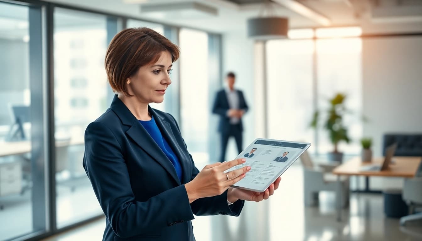 Der Headhunter IT analysiert Kandidatenprofile in einem modernen Büro, während er mit einem Tablet arbeitet.