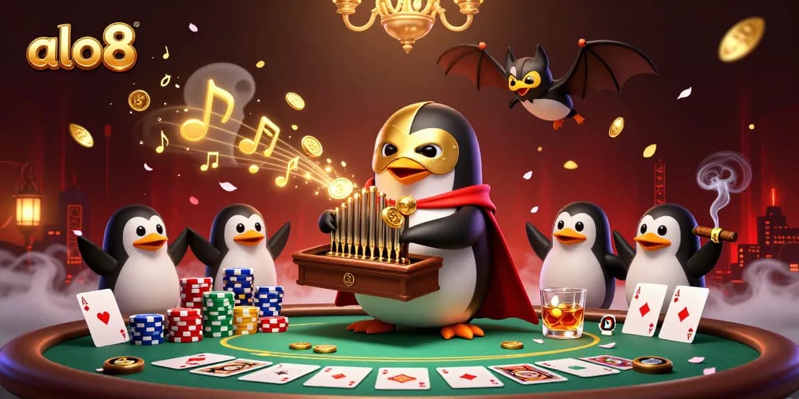 Engage with alo8 casino's thrilling atmosphere featuring a penguin organist amidst poker action.