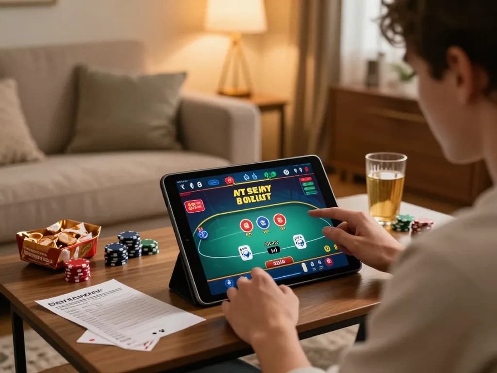 Engaging in fun 88 gameplay on a tablet in a cozy living room, snacks nearby.