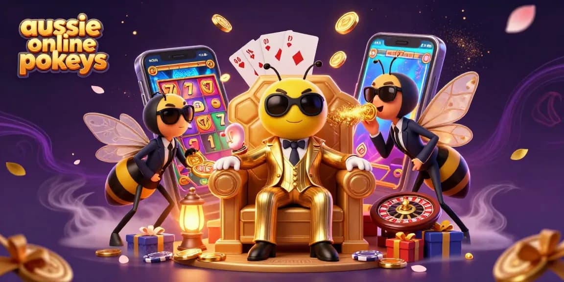 Experience the excitement of aussie online pokies with a bumblebee mob boss in a dynamic casino scene.