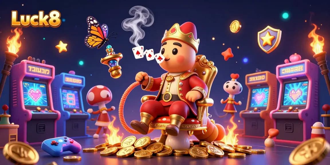 Win big at Luck8 with vibrant 3D casino-themed artwork showcasing playful gaming elements and characters.