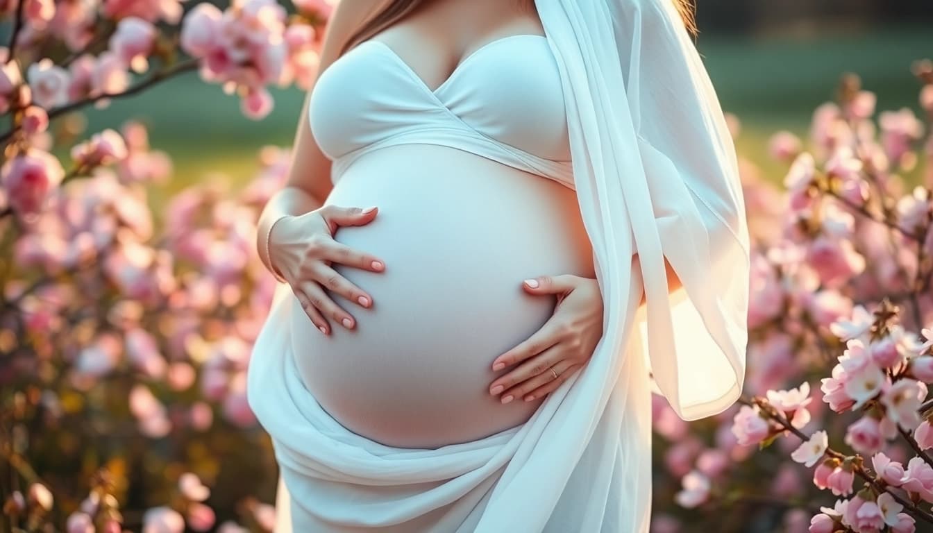 Babybauch Shooting München: Schwangere Frau in blühender Natur während einem Fotoshooting.