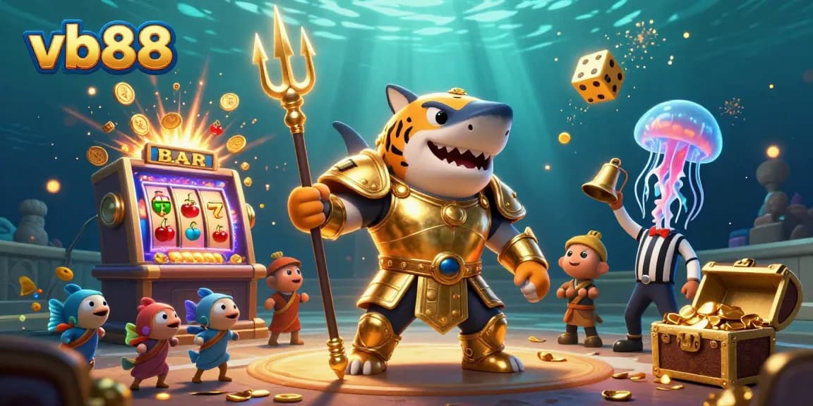 Experience vb88's thrilling underwater casino scene with a shark in armor amidst jackpots and prizes.