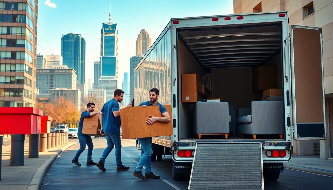 Bewegungsteam eines Berlin Umzugsunternehmens lädt Möbel in einen Truck.