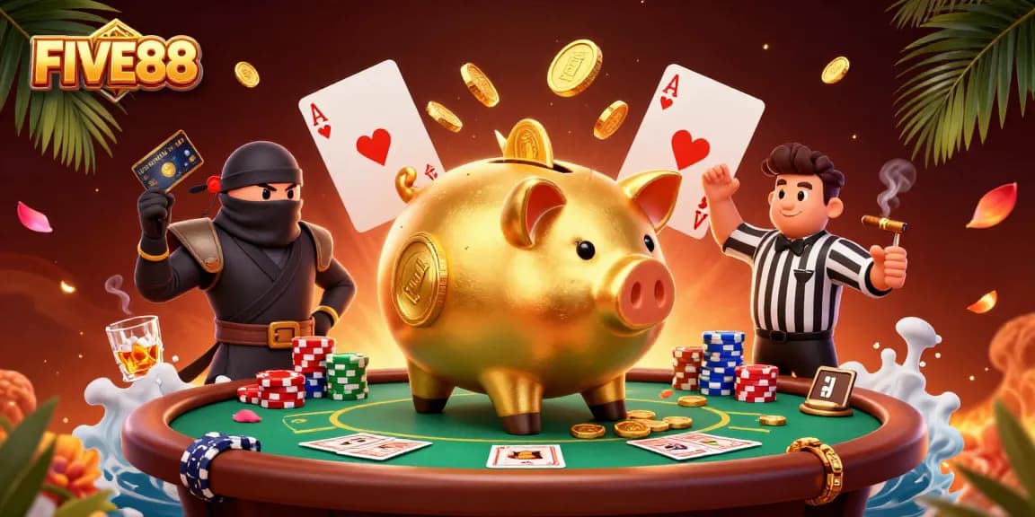 Engage with FIVE88 in a vibrant casino showdown featuring sumo wrestlers, poker chips, and a dramatic scene.