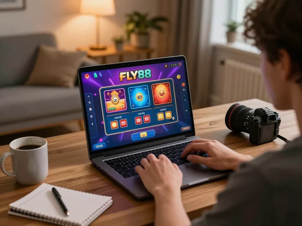 FLY88 player enjoying an online casino game on laptop in a cozy home setting.