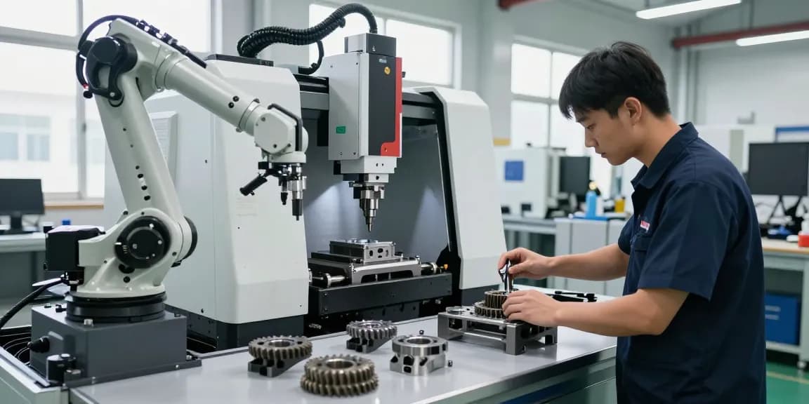 Präzisionsteile werden in modernem CNC-Werkstattumfeld gefertigt, einschließlich Techniker und Maschinenbetrieb.