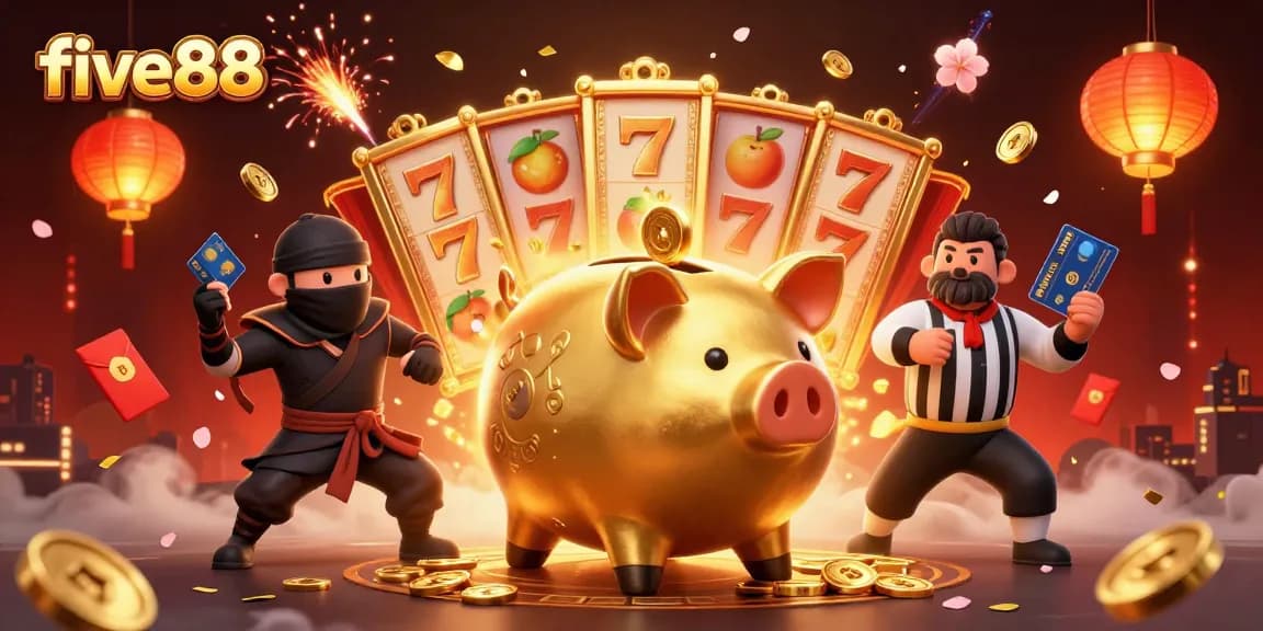 Experience exciting wins with five88 in a vibrant 3D casino scene featuring animated characters and lively game elements.