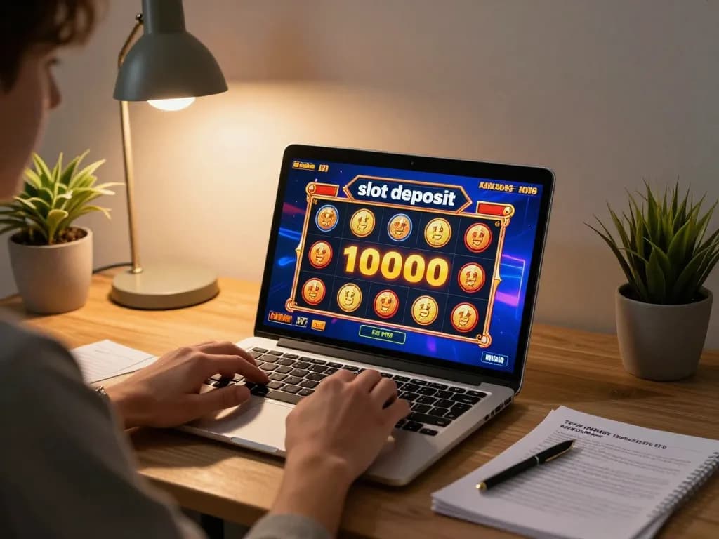 Engaging in slot deposit 10000 for exciting online casino gameplay on a laptop at home.