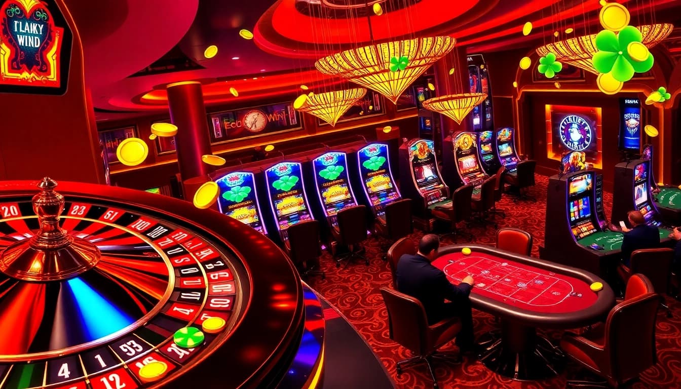 Experience winning at Luckywin casino with illuminated roulette and vibrant slot machines.