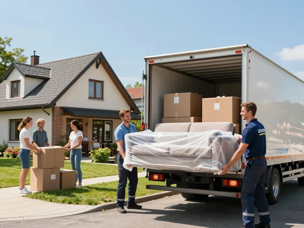 Professionelles Umzugsunternehmen Hannover-Team lädt sorgfältig die Habseligkeiten einer Familie in einen Umzugswagen in einem sonnigen Viertel, was Vertrauen und Effizienz zeigt.