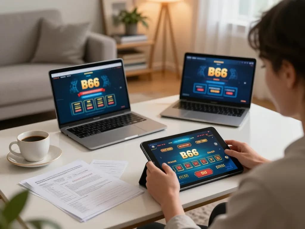B66 win showcased as players enjoy online gaming experience on tablets in a cozy home setup.