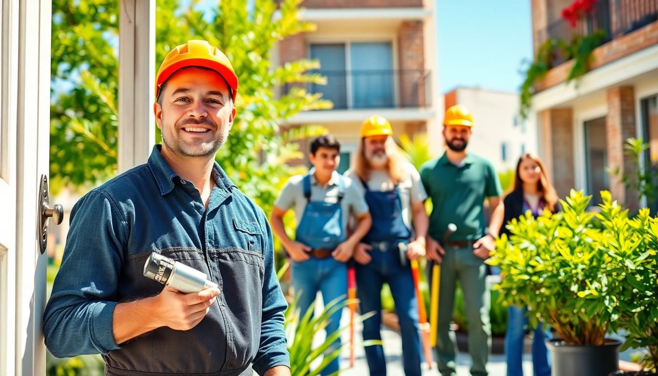 Hausmeisterservice München mit einem Reinigungsteam in einer gepflegten Umgebung.
