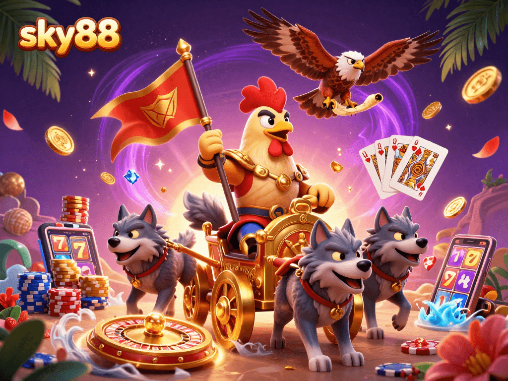 Experience thrilling gameplay at sky88 with a cartoon rooster warlord leading the adventure amidst golden casino riches.