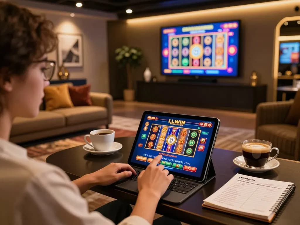 Engaging with LLWIN Function on a tablet in a cozy online gaming setup, showing vibrant slot graphics