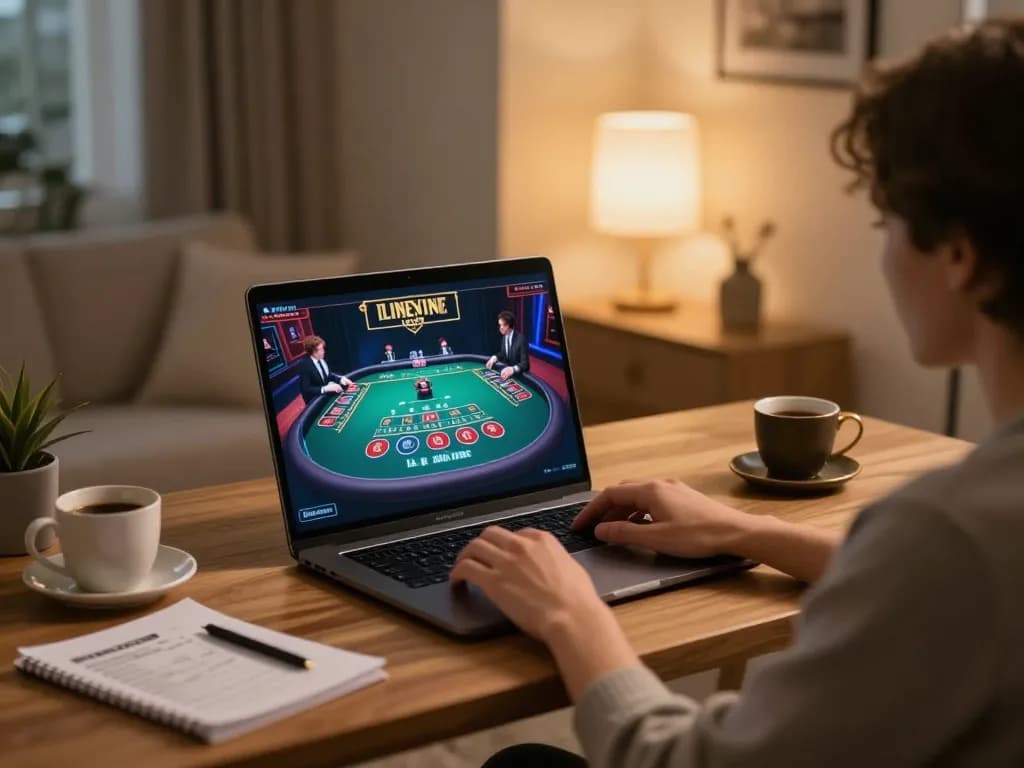 Engaging in online casino games at home with sin88 on a laptop, showcasing immersive live dealer action and strategic preparation