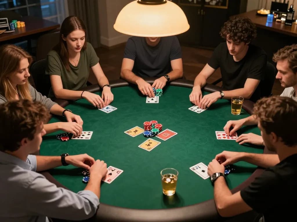 Engaged poker players strategizing with cm88 chips in private game night setup.