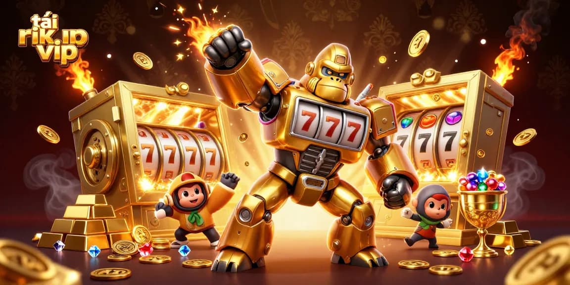 Excite your gaming with tải rik vip as golden gorilla mech launches coins at a vibrant casino.
