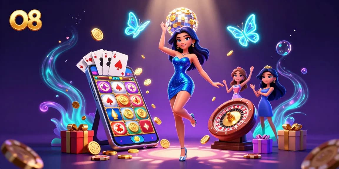 Experience the thrilling entertainment at O8 with a glamorous woman dancing amidst vibrant casino visuals and games.