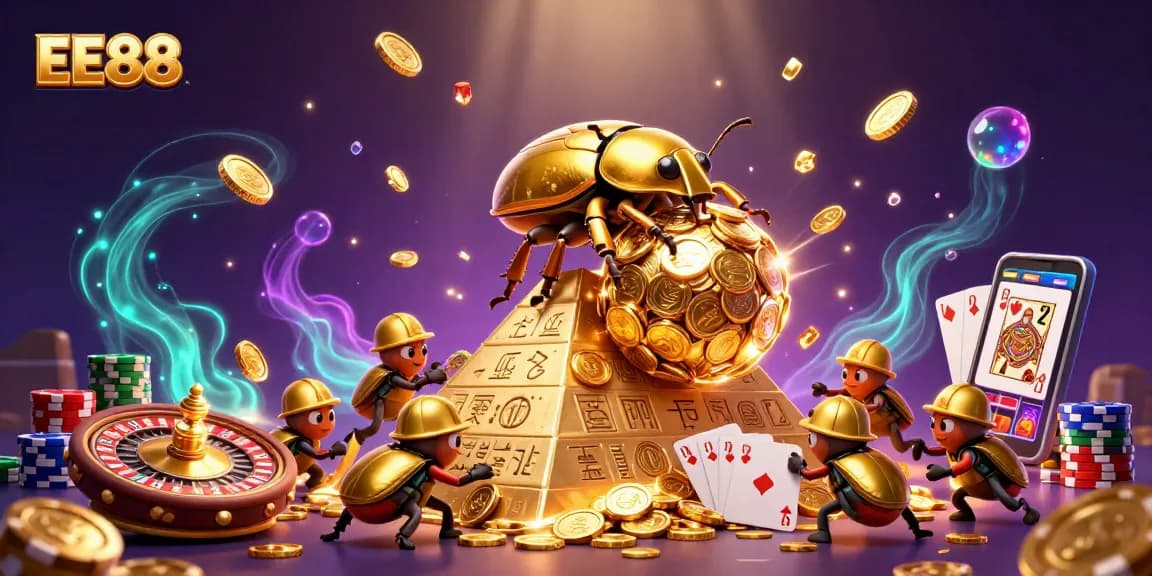 Experience thrilling gameplay at EE88 with golden beetles and casino symbols.