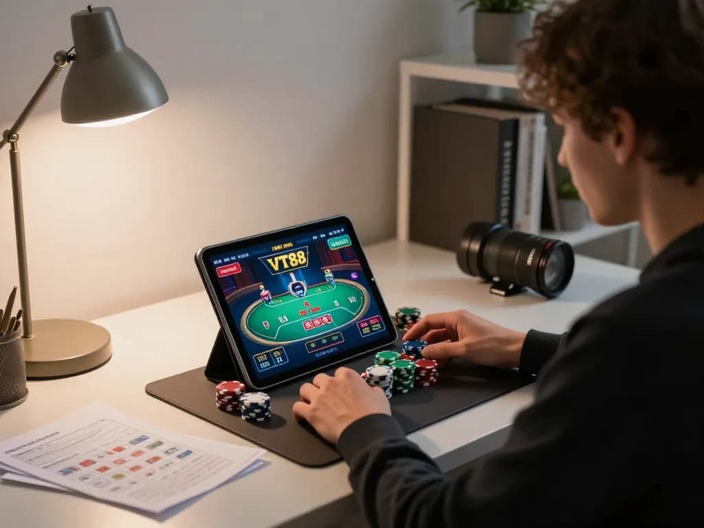 Engaging in poker gameplay at VT88 casino app from a cozy home setup, with colorful chips and strategy notes.