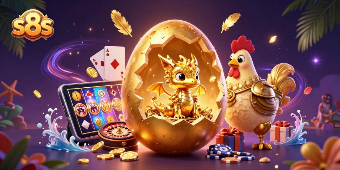 Experience exciting gameplay at s8s with a gold dragon in a vibrant casino scene amidst poker chips and slot games.