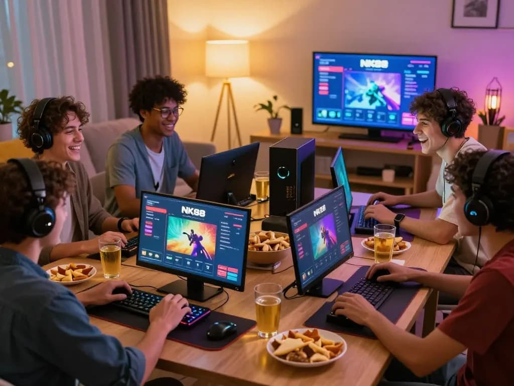 Friends enjoying an exciting gaming night with NK88 platform on screens.