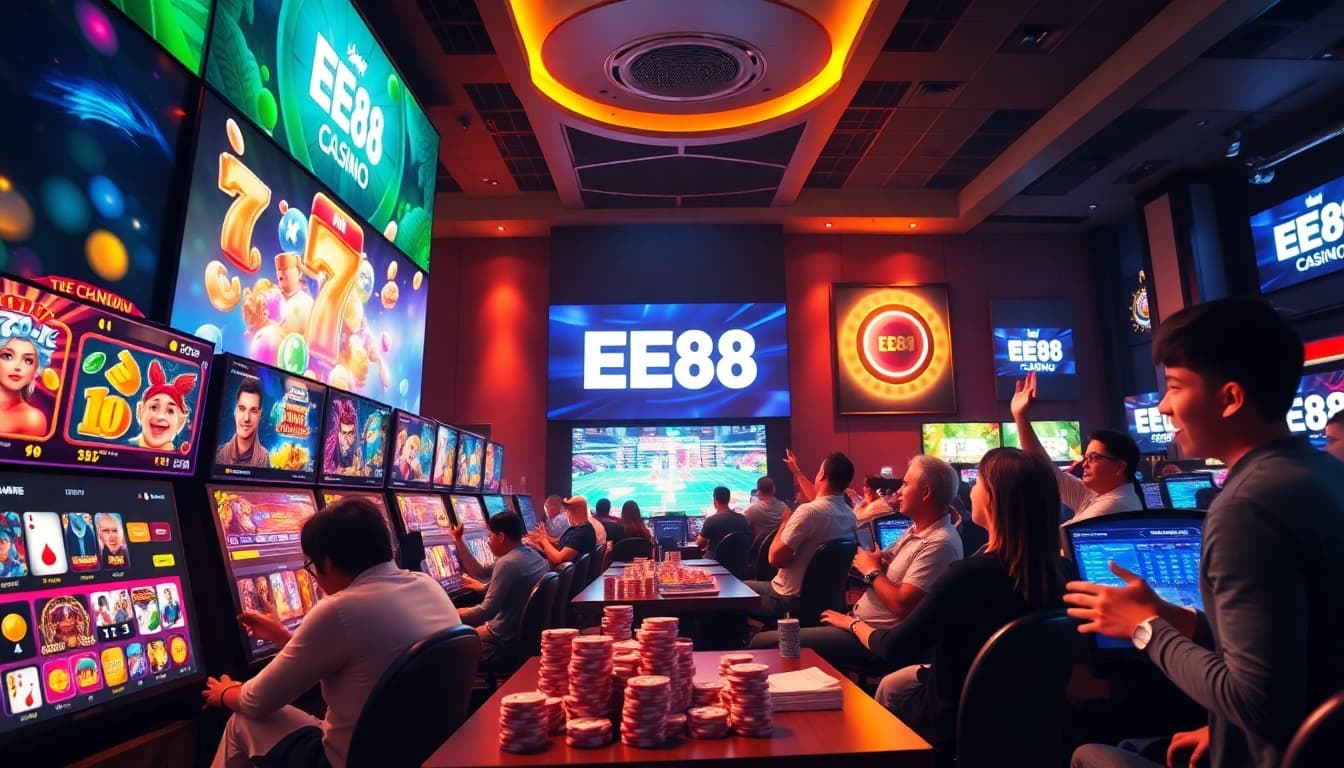 Exciting EE88 online casino gaming scene with players celebrating wins.
