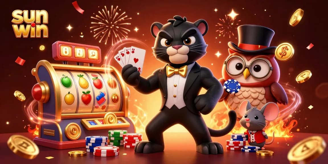 Experience thrilling slot games with sun win as a stylish panther deals cards surrounded by lucky icons.
